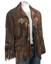 Men's Traditional Western cowboy Leather Jacket coat With Fringes Bone and Beads