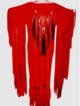 Women's Red Leather Long Beaded Fringes Wedding Dress Powwow Regalia LRWD103