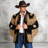 Men's Traditional Western cowboy Leather Jacket Coat With Fringes Bone and Beads