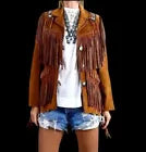 Women Western Cowboy Style Buckskin Suede Leather Jacket With Fringe Beaded
