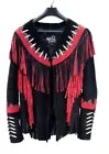 Women Black Suede Leather Jacket With Contrast Red Fringes & Beaded Work