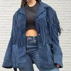 Women Blue Suede Leather Jacket With Fringes - American Native Western Style