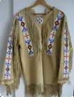 Native American Western Indian Suede Leather Jacket Fringes & Beaded War Shirt