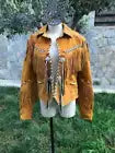 Women Tan Brown Western Style Suede Leather Jacket Fringe & Contrast Thread Work