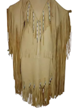Women's Tan Leather Beaded Fringes Long Wedding Dress Powwow Regalia LC6901