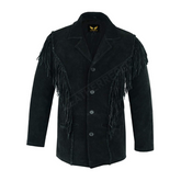 Mens Western Suede Leather Cowboy Fringe Style Native American Coat Jacket-Black