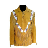 Mens Western Cowboy Gold Suede Leather Mountain Man Beaded Fringe Shirt MBS86