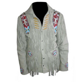 Mens Western Cowboy Beige Buffalo Suede Leather Beaded Fringes Jacket WJ-42
