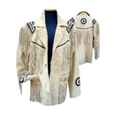 Mens Western Cowboy Beige Buffalo Suede Leather Beaded Fringes Jacket WJ-17
