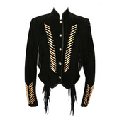 Mens New Western Cowboy Black Suede Leather Fringes Bones Warrior Jacket WFJ56