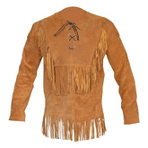 Mens Western Cognac Brown Buckskin Suede Leather Mountain Man Fringe Shirt MMS06