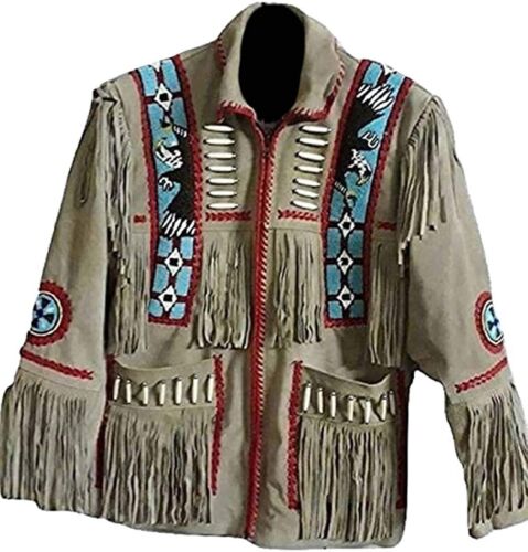 Men's Traditional Western cowboy Leather Jacket Coat With Fringes Bone and Beads