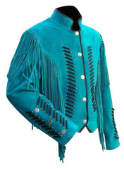 Women Vintage Turquoise Suede Leather Jacket Ladies Native Fringe Western Wear Coat