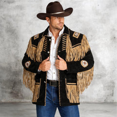 Men's Traditional Western cowboy Leather Jacket Coat With Fringes Bone and Beads