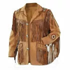 Men Suede Western Style Cowboy Leather Jacket With Fringe & Bead Work -Tan Brown