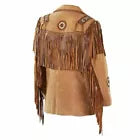 Men Suede Western Style Cowboy Leather Jacket With Fringe & Bead Work -Tan Brown