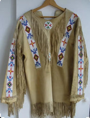 Native American Western Indian Suede Leather Jacket Fringes & Beaded War Shirt