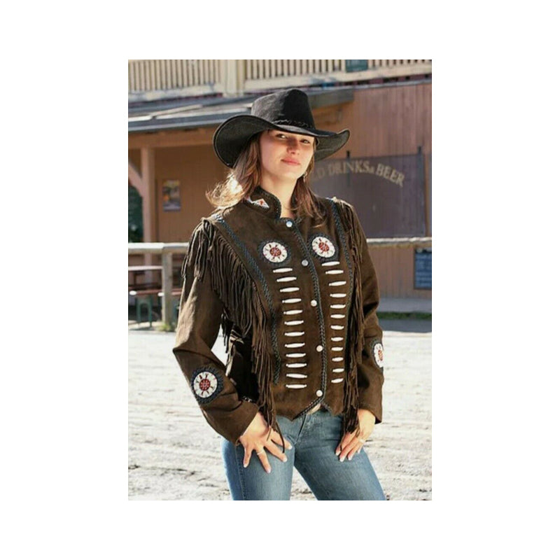 Women Vintage Brown Suede Leather Jacket Ladies Native Fringe Western Wear Coat LR6315