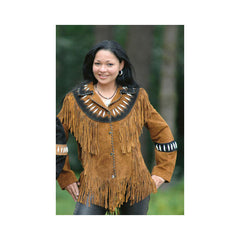 Women Vintage Brown Suede Leather Jacket Ladies Native Fringe Western Wear Coat