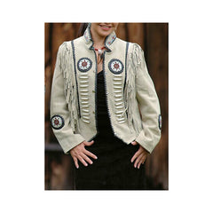 Women Vintage Beige Suede Leather Jacket Ladies Native Fringe Western Wear Coat LR6313