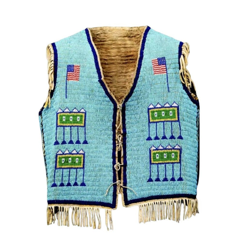 Old American Sioux Style Fully Beaded Front Suede Hide Back Powwow Vest LR7725