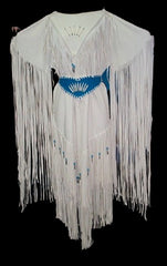 Women's White Leather Long Fringes Blue Belt Wedding Dress Powwow Regalia LRWD98