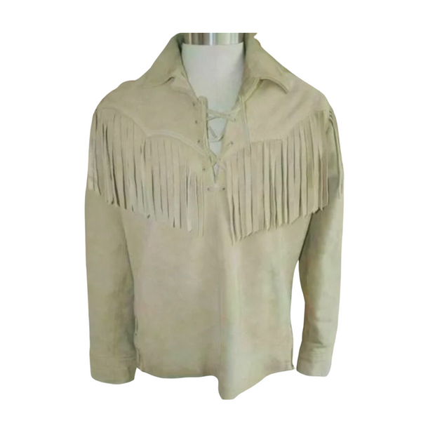 Mens Western Beige Buckskin Suede Leather Mountain Man Fringes Shirt MS-452