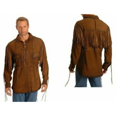 Mens Western Brown Buckskin Suede Leather Mountain Man Fringes Shirt MS-108