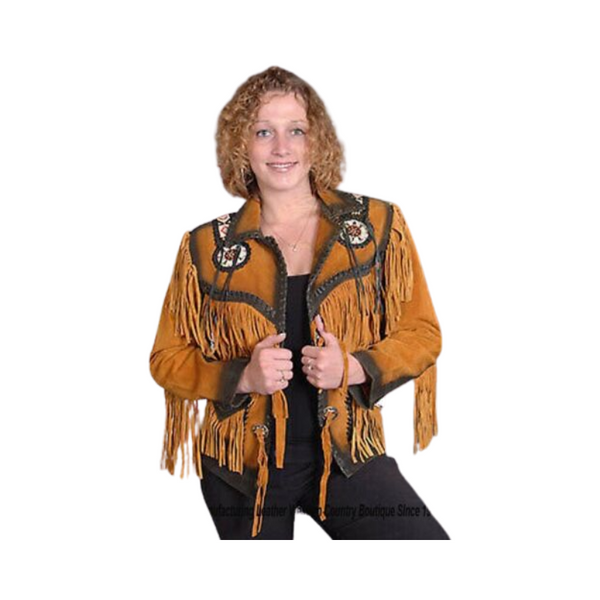 Women Vintage Brown Suede Leather Jacket Ladies Native Fringe Western Wear Coat