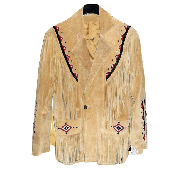 Mens Old Cowboy Beige Buckskin Suede Leather Beaded Fringes Western Jacket WSJ05