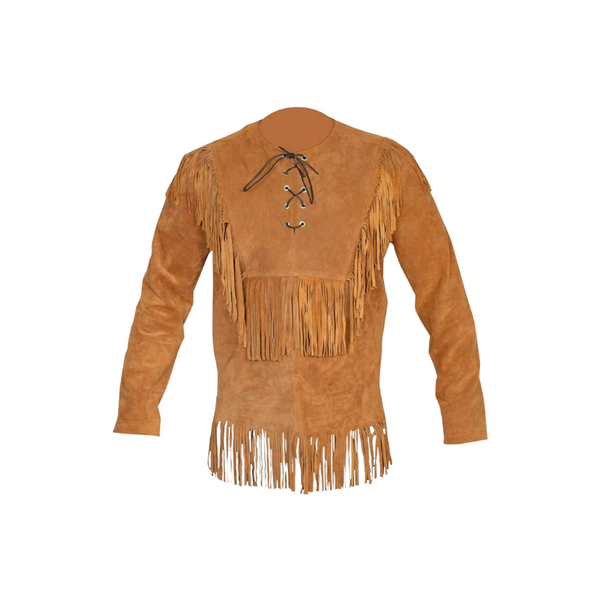 Mens Western Cognac Brown Buckskin Suede Leather Mountain Man Fringe Shirt MMS06