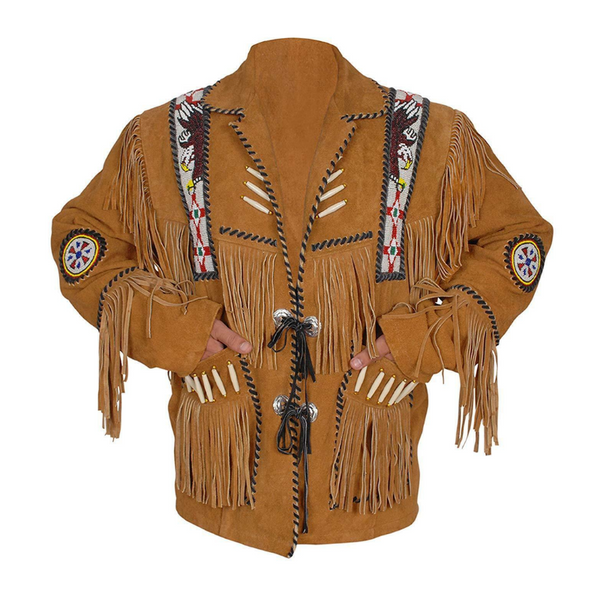 Mens Old Cowboy Brown Buckskin Suede Leather Beaded Fringes Western Jacket WSJ13