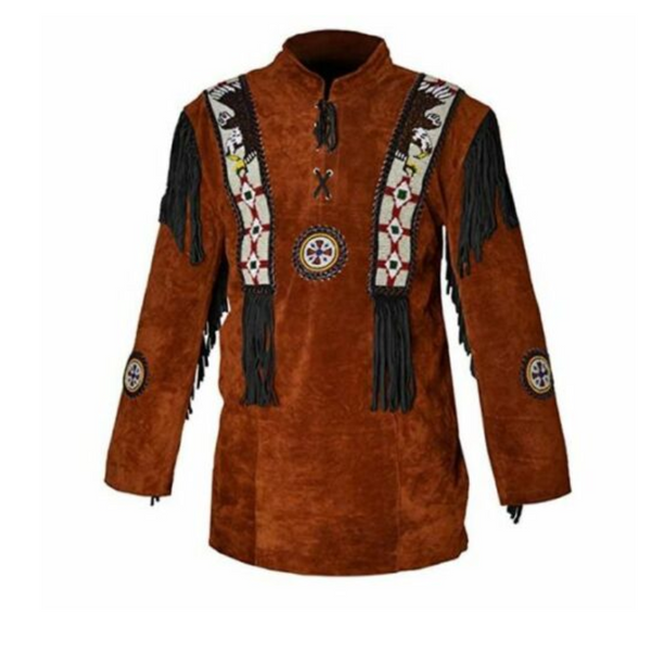 Mens Western Cowboy Brown Suede Leather Mountain Man Beaded Fringe Shirt MBS605