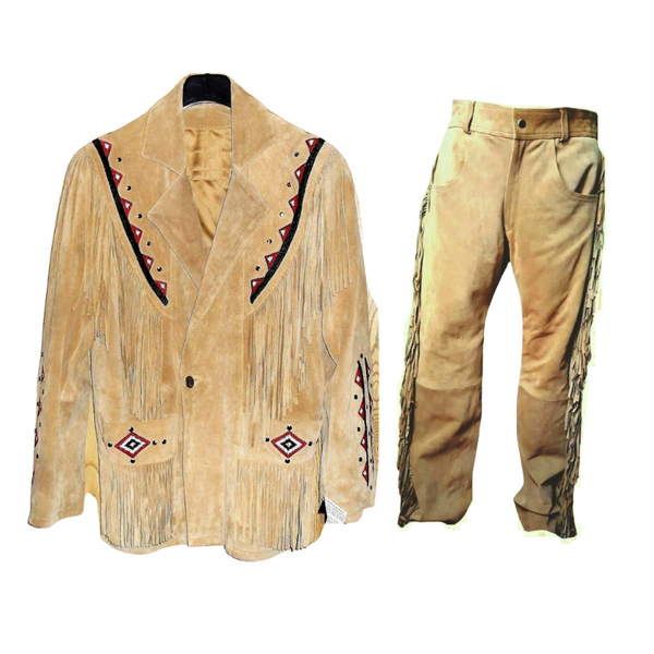 Mens Old Western Cowboy Beige Suede Leather Fringe Beaded Jacket & Pant WSP05