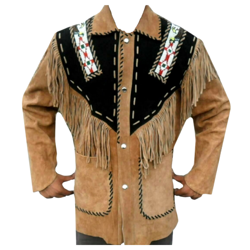 Mens Old Cowboy Brown Buckskin Suede Leather Beaded Fringes Western Ja ...