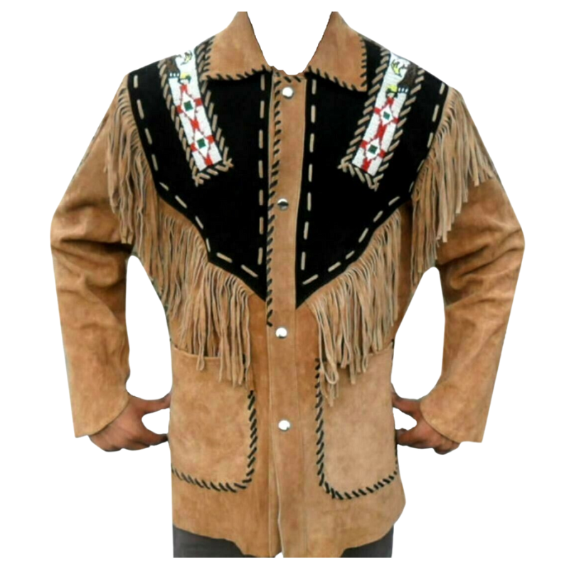 Mens Old Cowboy Brown Buckskin Suede Leather Beaded Fringes Western Jacket WSJ47