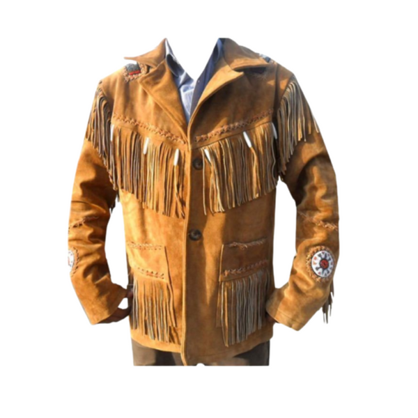 Mens Old Cowboy Brown Buckskin Suede Leather Beaded Fringes Western Jacket WSJ30