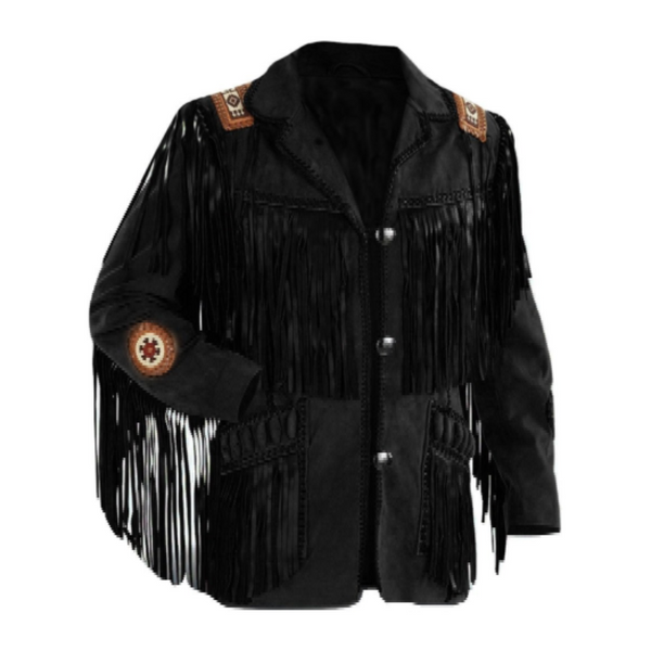 Mens Western Cowboy Black Buckskin Suede Leather Beaded Fringes Jacket WJB-12