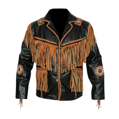 Men New Old Western Cowboy Black Leather Cognac Fringe Beaded Jacket WBJ601