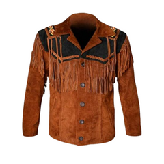 Mens New Old Western Cowboy Brown Suede Leather Fringes Beaded Jacket WBJ603