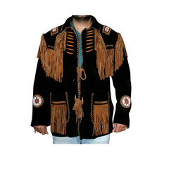 Mens New Old Western Cowboy Black Suede Leather Fringes Beaded Jacket WBJ602