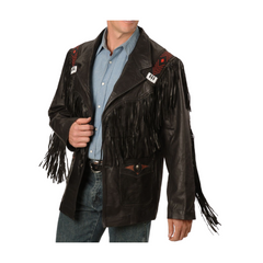 Old West Style Men Cowboy High Quality Black Leather Beaded Fringe Jacket WLJ909