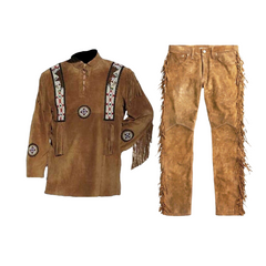 Mens Western Cowboy Cognac Brown Suede Leather Fringe Beaded Shirt & Pant WSP124