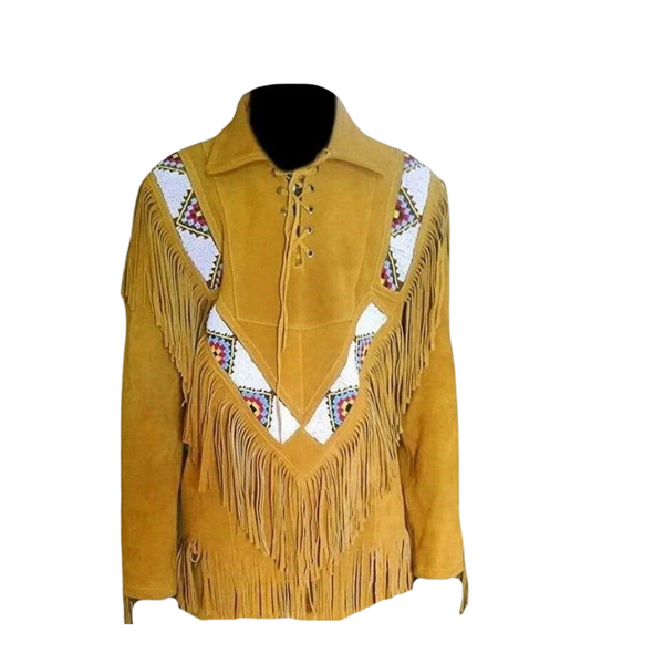 Mens Western Cowboy Gold Suede Leather Mountain Man Beaded Fringe Shirt