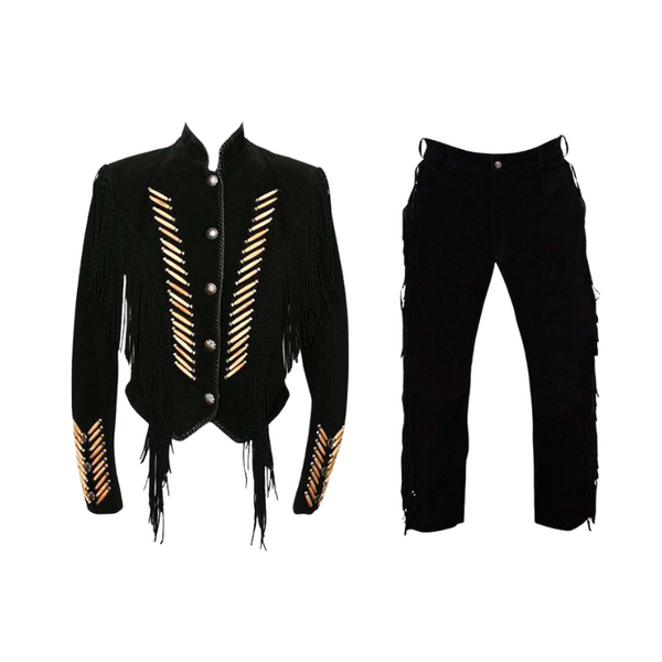 Mens Old Western Cowboy Black Buckskin Suede Leather Fringes Jacket & Pant WJP56