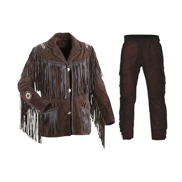 Mens Old Western Cowboy Brown Suede Leather Fringes Beaded Jacket & Pant WJP272