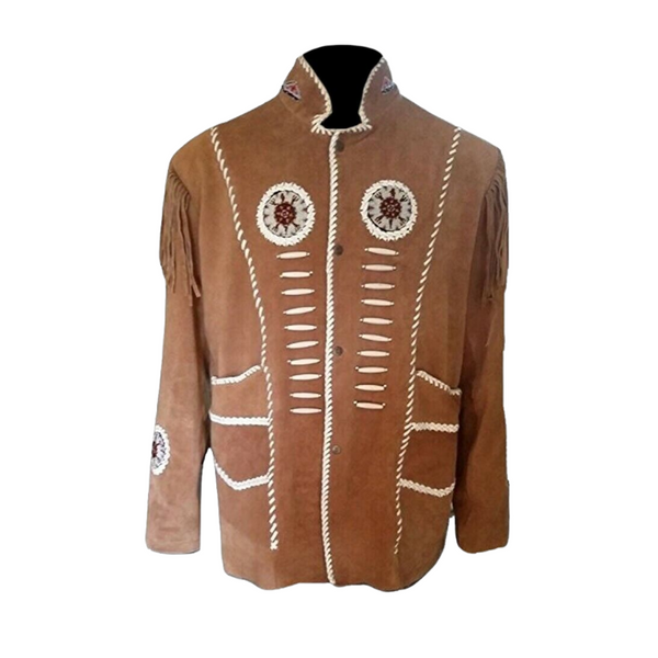 Mens Old Cowboy Brown Buckskin Suede Leather Beaded Fringes Western Jacket WSJ15