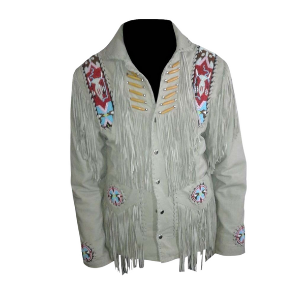 Mens Western Cowboy Beige Buffalo Suede Leather Beaded Fringes Jacket WJ-42