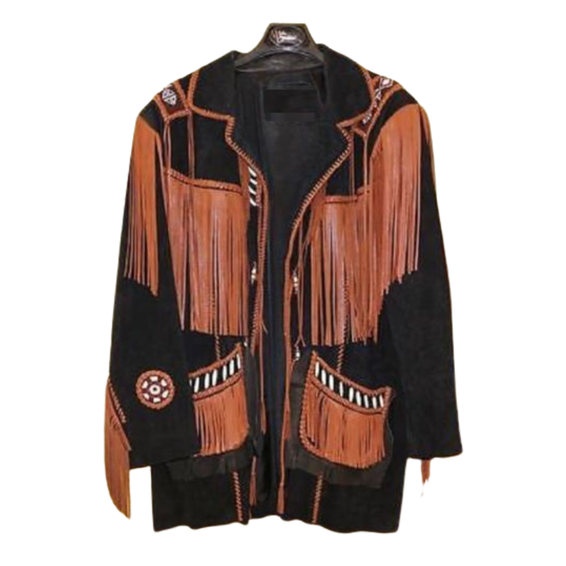 Men New Old Western Cowboy Black Suede Leather Cognac Fringe Beaded Jacket LR6901