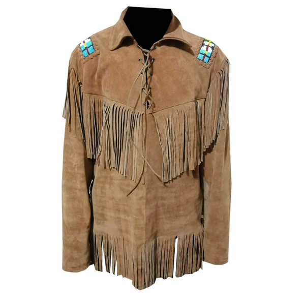 Mens Western Cowboy Brown Suede Leather Mountain Man Beads Fringes Shirt MS-A06